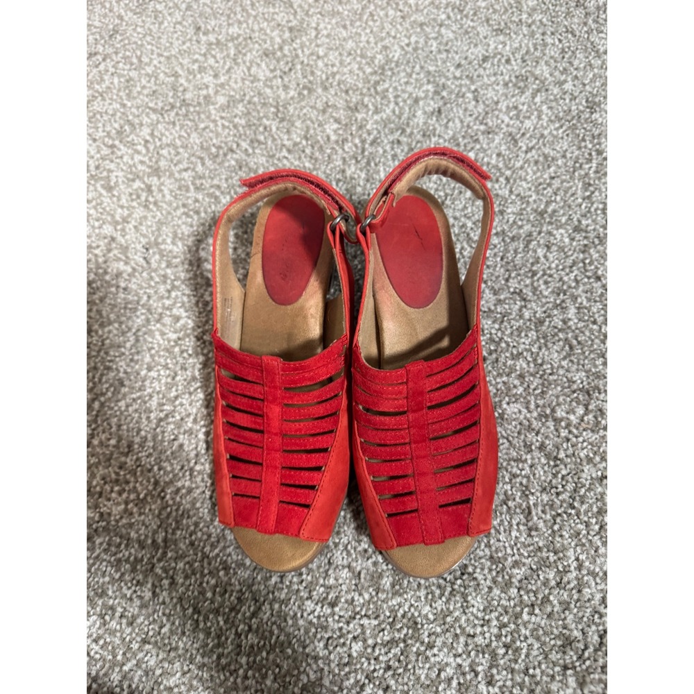 Trotters Red Suede Cage Sandals Peep Toe Block Heel Slingback Women Shoes